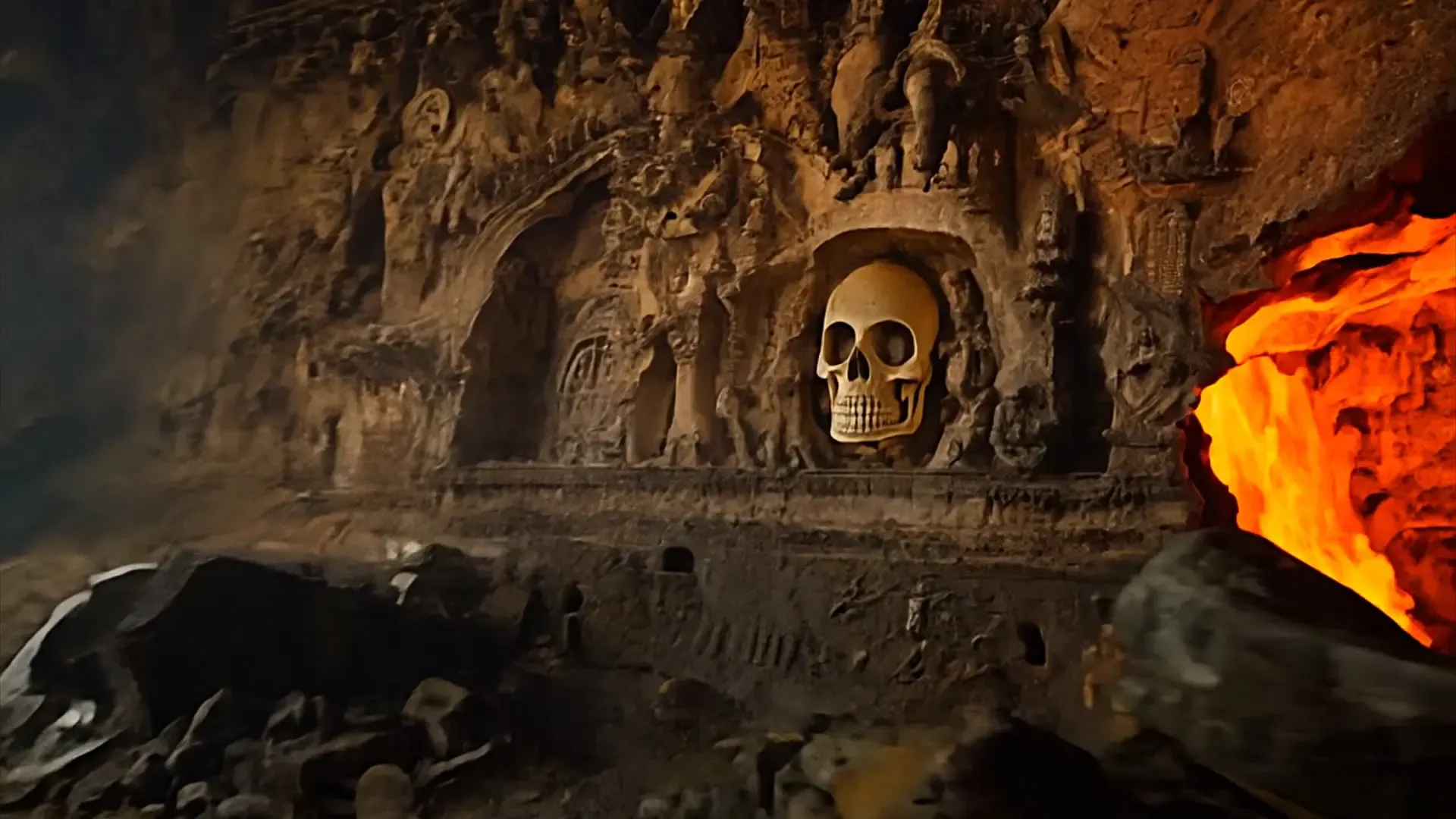 Haunted Skull Cave with Fire Background for Horror-Themed Video Projects